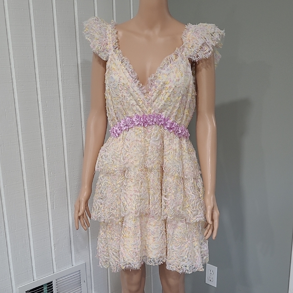 Cream and Purple Ruffled Sundress with Flutter Sleeves